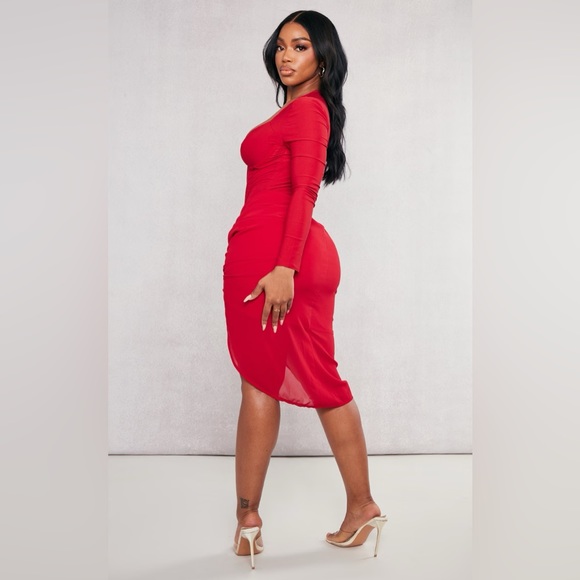 Pretty Little Thing Red Corset Detail Long Sleeve Ruched Midi Dress - Picture 3 of 6